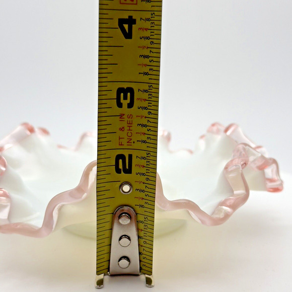 Vintage Fenton Rose Crest Milk Glass Bowl Dish Pink Ruffled Crimped Edges 6" - Picture 7 of 7